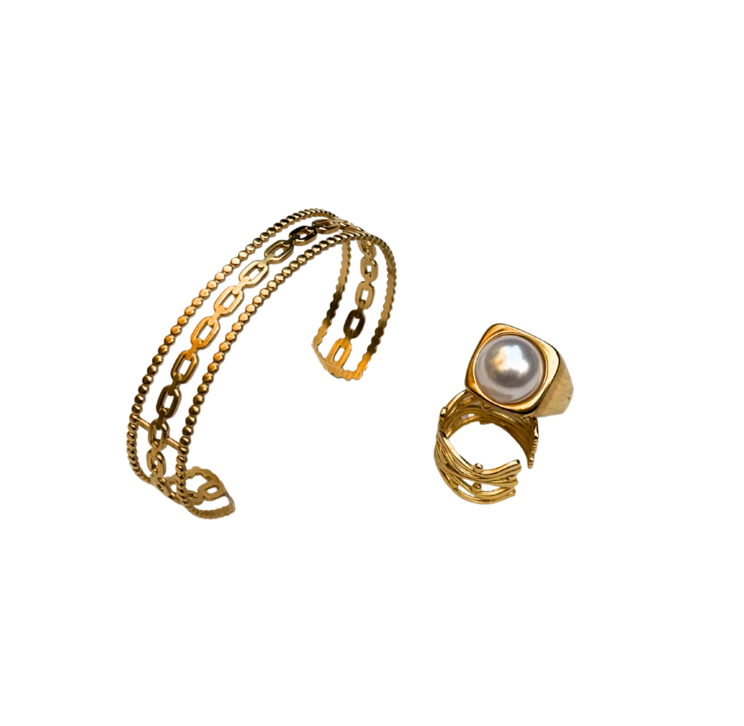 Layered Chain Bangle & Pearl Accent Ring
