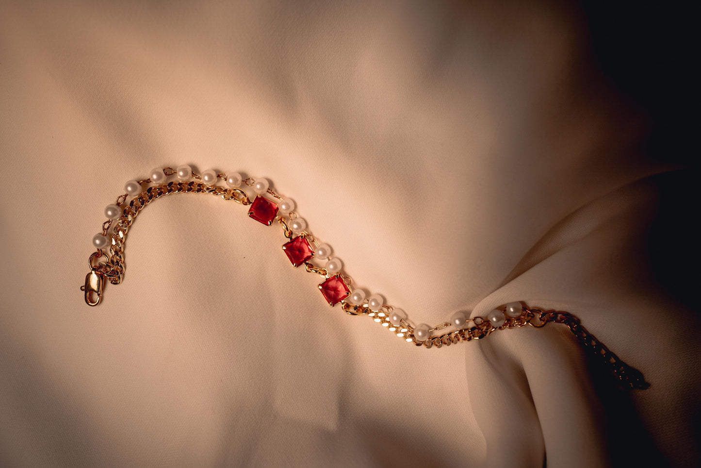 Fuchsia Pearl Double Layered Chain Bracelet